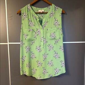 LOFT Green Sleeveless Blouse with Mandarin Collar